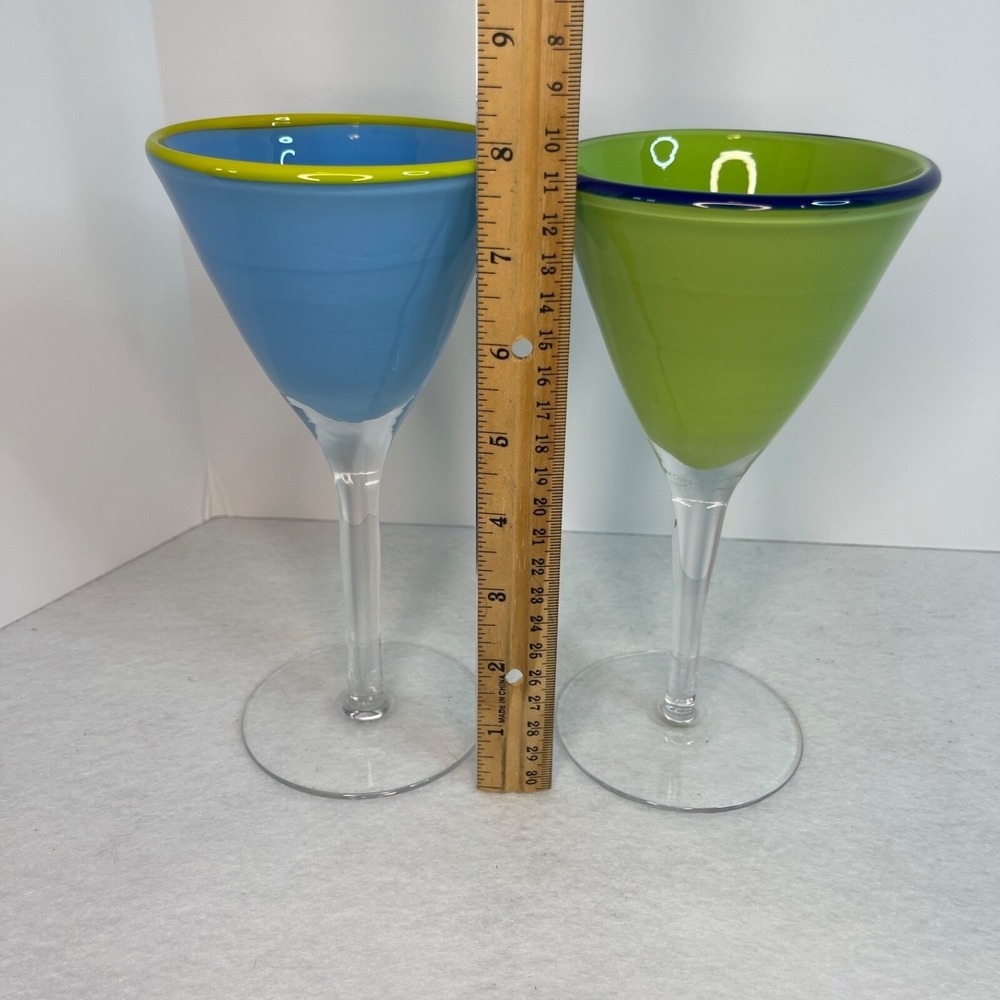 Margarita Martini Cocktail Blown Glass Base Rim Blue and Green Set of 2 - Picture 12 of 12